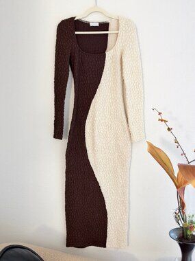 Isalis Brown Cream Colorblock Bodycon Midi Dress Long Sleeve S